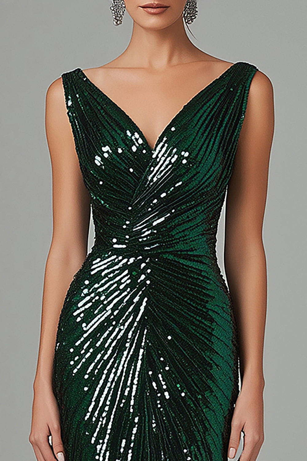 Sparkly Dark Green Mermaid V-Neck Sequins Ruched Long Formal Dress