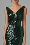 Sparkly Dark Green Mermaid V-Neck Sequins Ruched Long Formal Dress