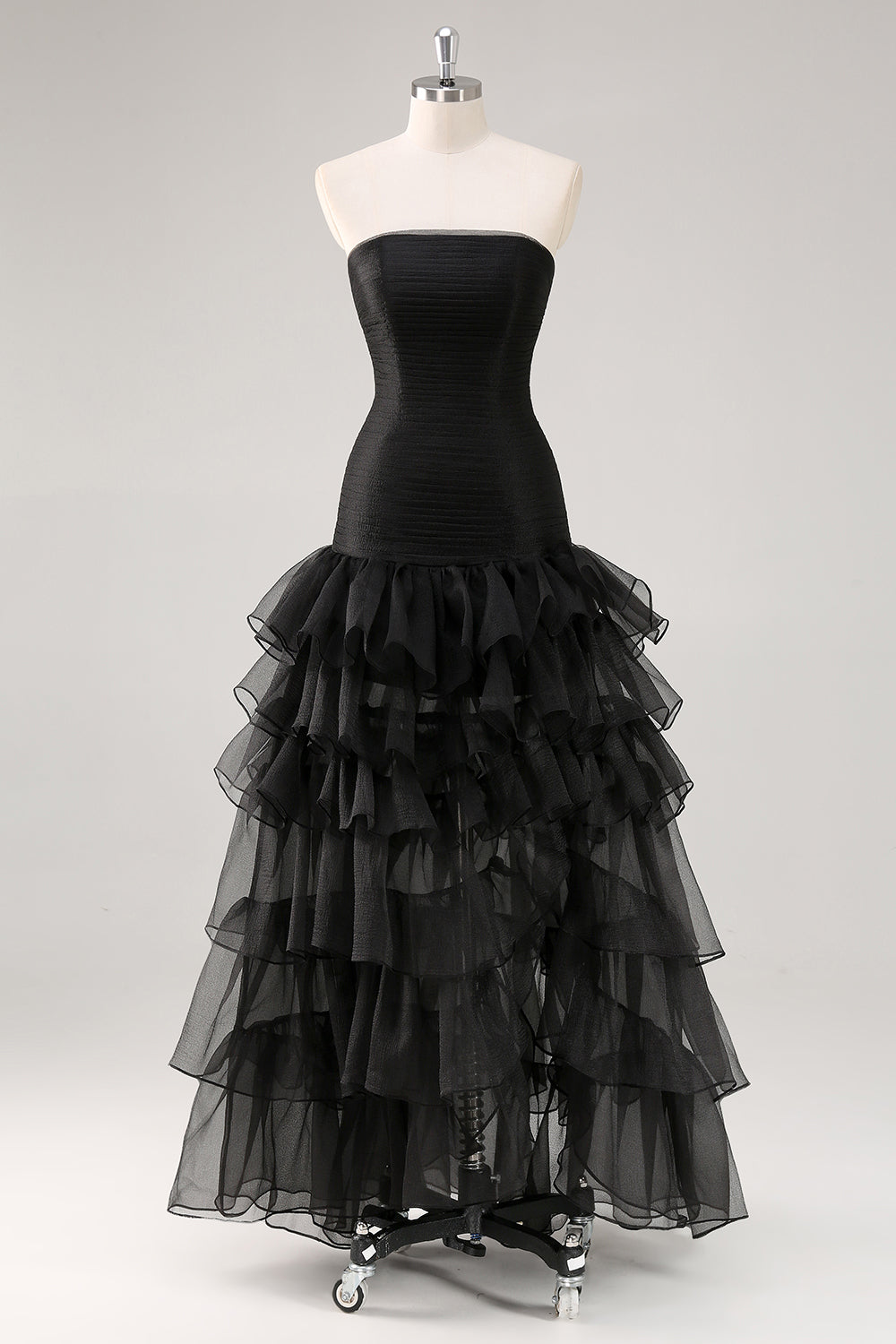 Black Strapless A-Line Tiered Ruffled Long Formal Dress with Slit