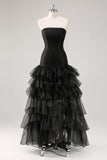 Black Strapless A-Line Tiered Ruffled Long Formal Dress with Slit