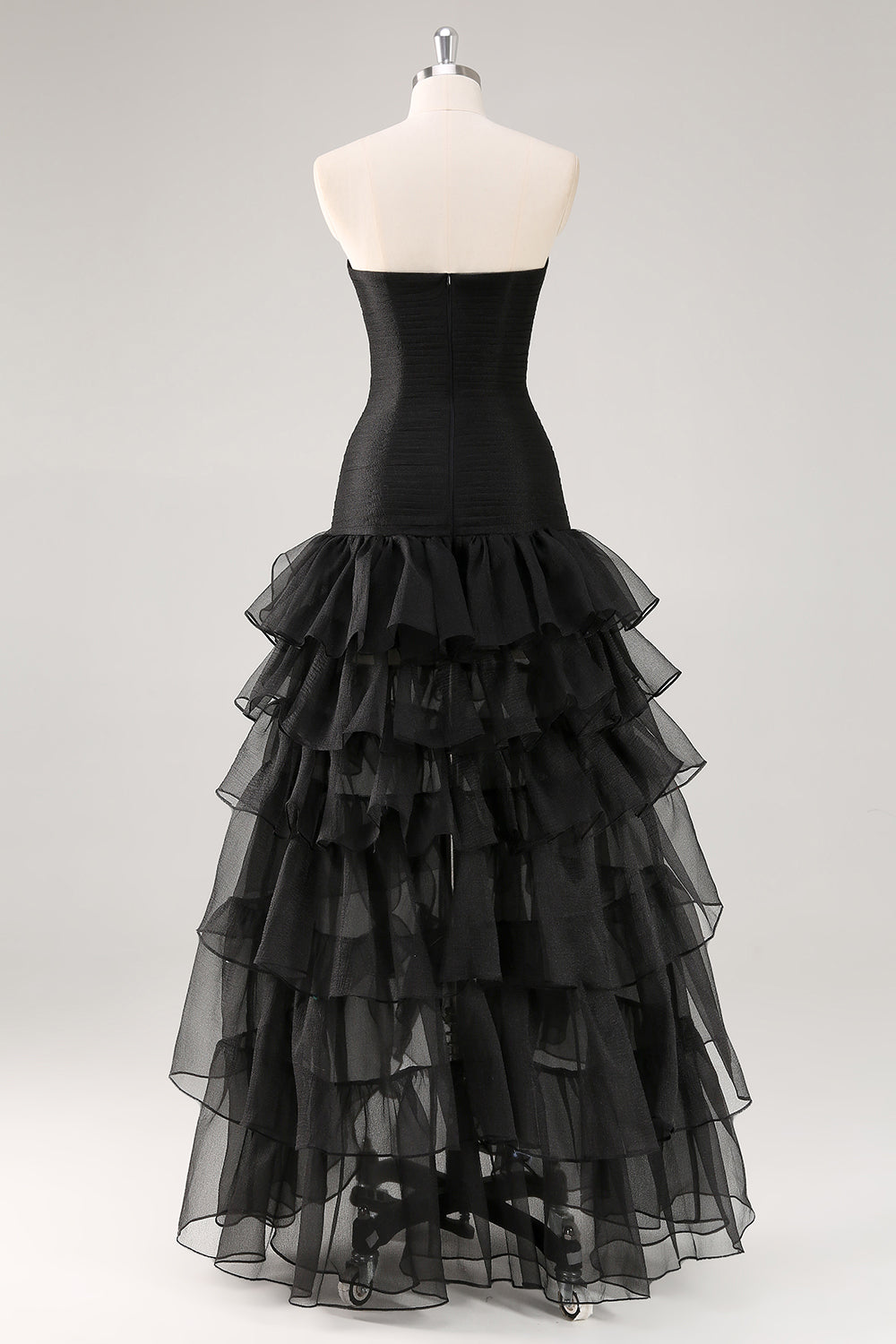 Black Strapless A-Line Tiered Ruffled Long Formal Dress with Slit