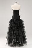 Black Strapless A-Line Tiered Ruffled Long Formal Dress with Slit