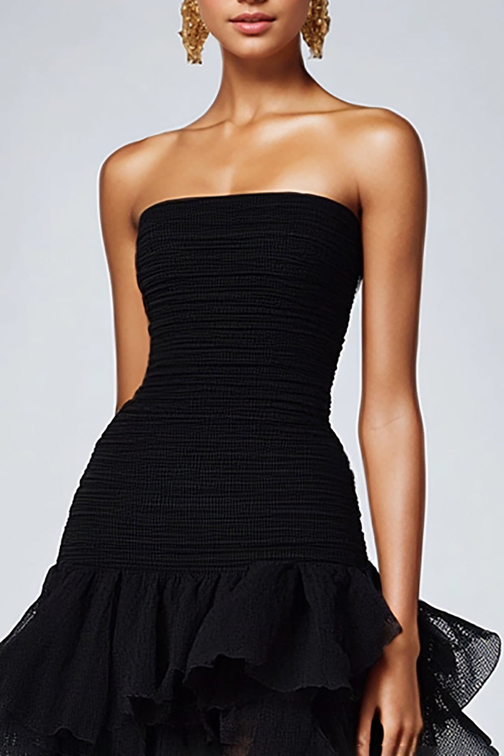 Black Strapless A-Line Tiered Ruffled Long Formal Dress with Slit