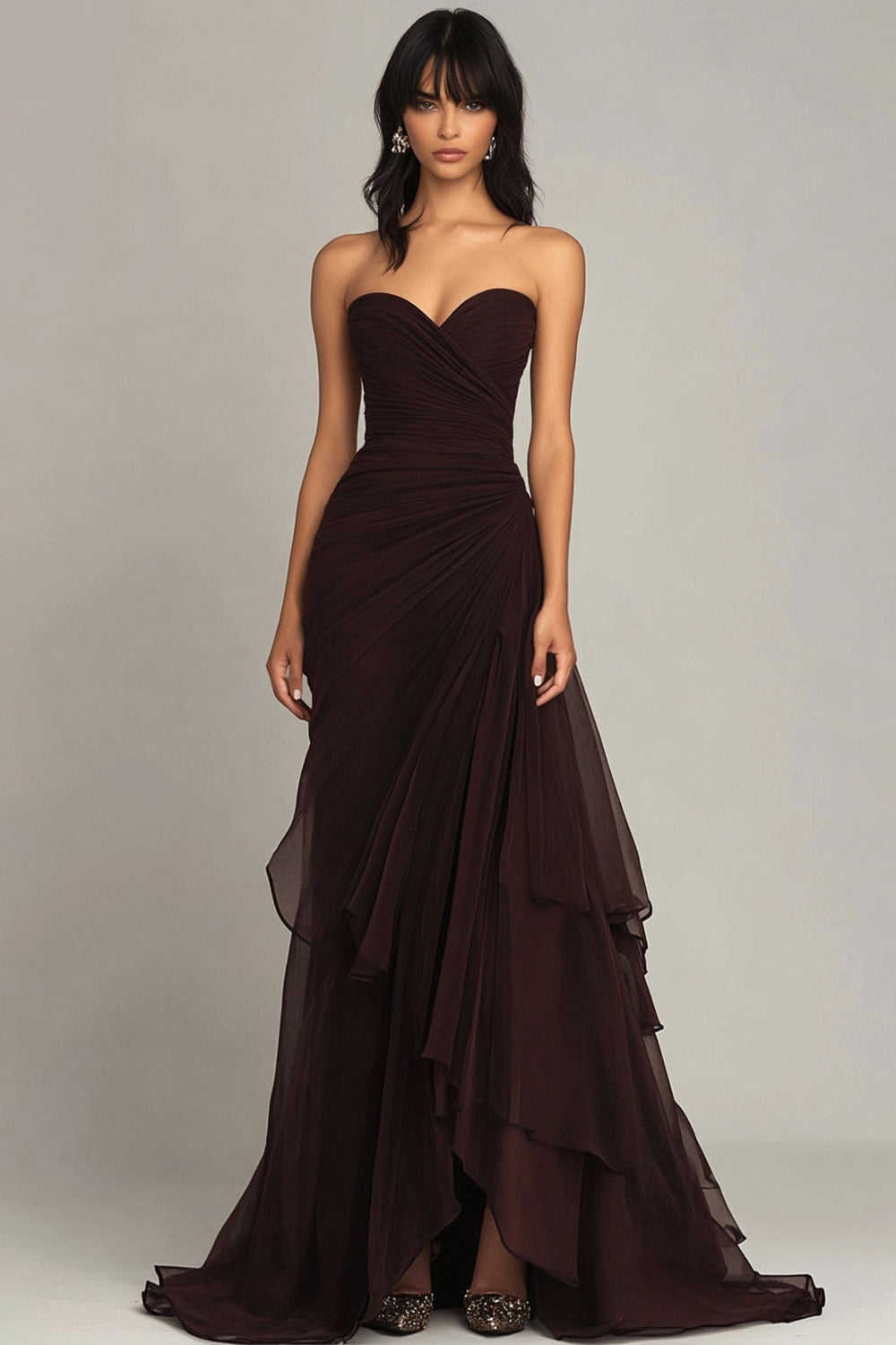 ZAPAKA Women Dark Brown Sweetheart Ruffled Long Formal Dress Ruched Strapless Mermaid Evening Dress