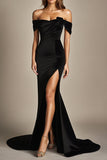 Red Mermaid Off the Shoulder Satin Formal Dress with Slit