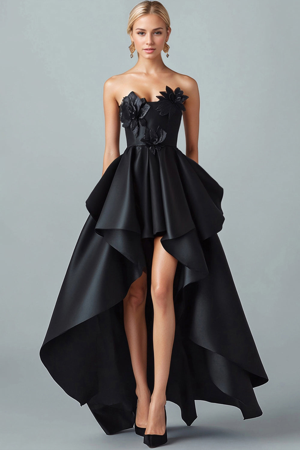Black High-Low A-Line Strapless 3D Flowers Ruffle Satin Formal Dress
