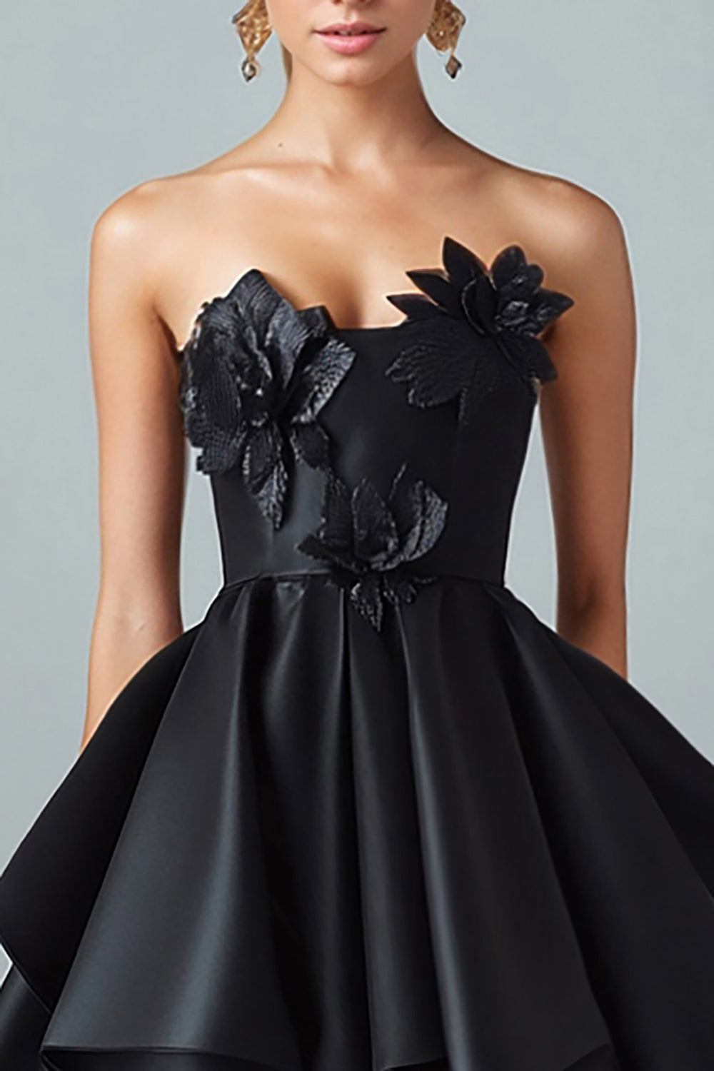 Black High-Low A-Line Strapless 3D Flowers Ruffle Satin Formal Dress
