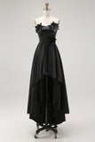 Black High-Low A-Line Strapless 3D Flowers Ruffle Satin Formal Dress