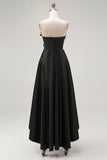 Black High-Low A-Line Strapless 3D Flowers Ruffle Satin Formal Dress