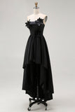 Black High-Low A-Line Strapless 3D Flowers Ruffle Satin Formal Dress