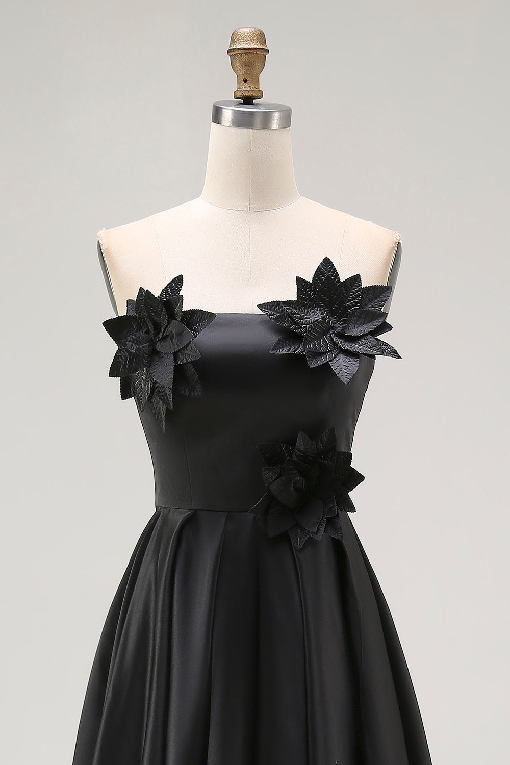 Black High-Low A-Line Strapless 3D Flowers Ruffle Satin Formal Dress