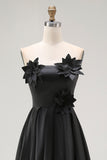 Black High-Low A-Line Strapless 3D Flowers Ruffle Satin Formal Dress