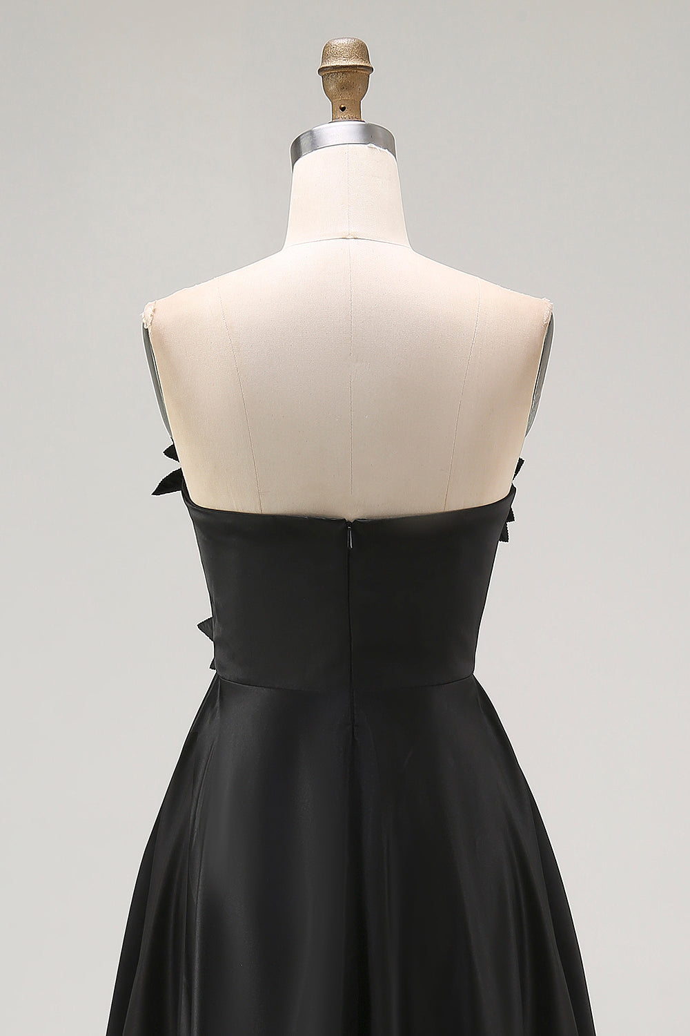 Black High-Low A-Line Strapless 3D Flowers Ruffle Satin Formal Dress