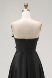 Black High-Low A-Line Strapless 3D Flowers Ruffle Satin Formal Dress
