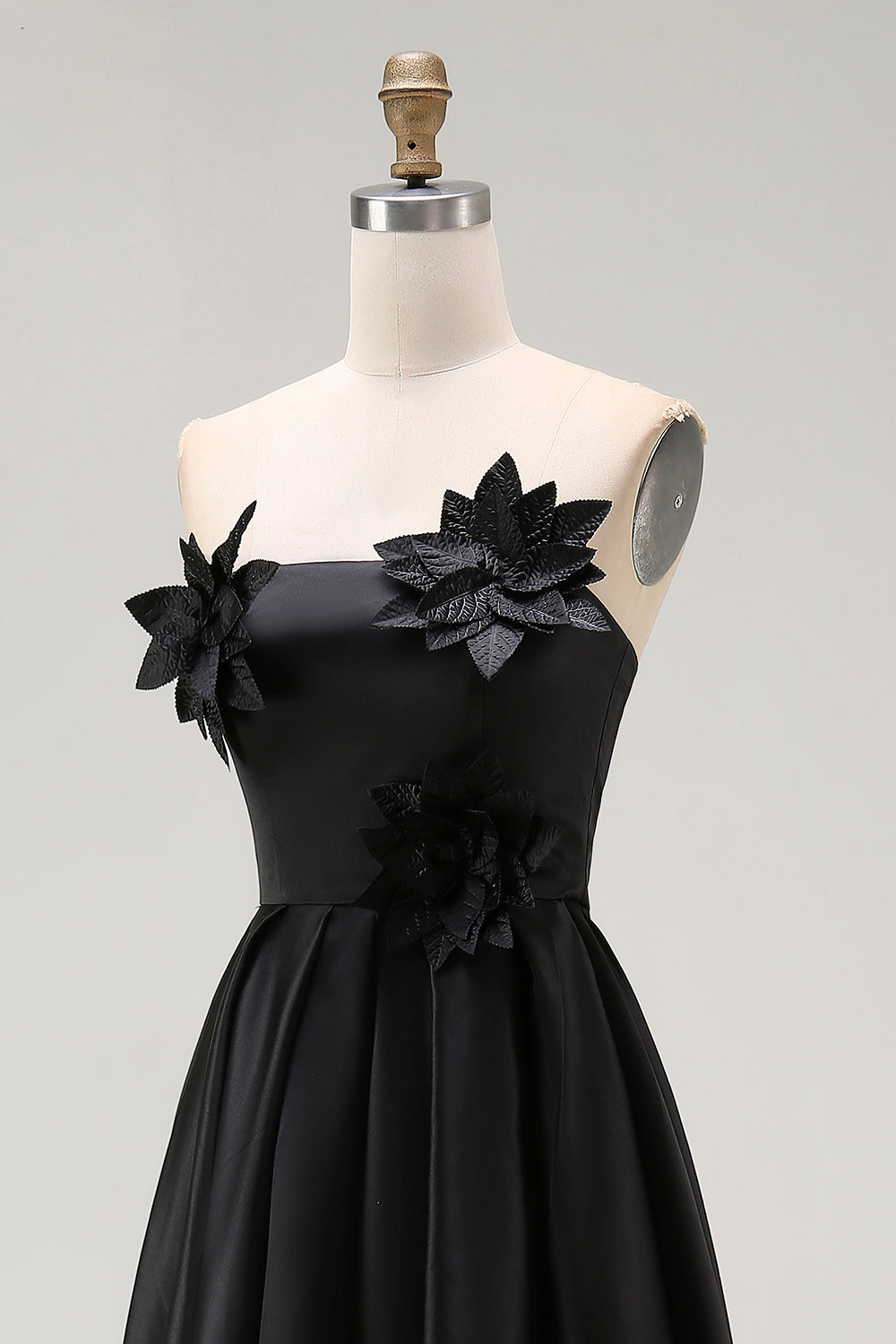 Black High-Low A-Line Strapless 3D Flowers Ruffle Satin Formal Dress