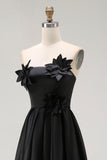 Black High-Low A-Line Strapless 3D Flowers Ruffle Satin Formal Dress