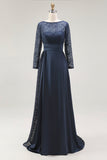 Elegant Navy Scoop A Line Satin Lace Mother of the Bride Dress with Long Sleeves