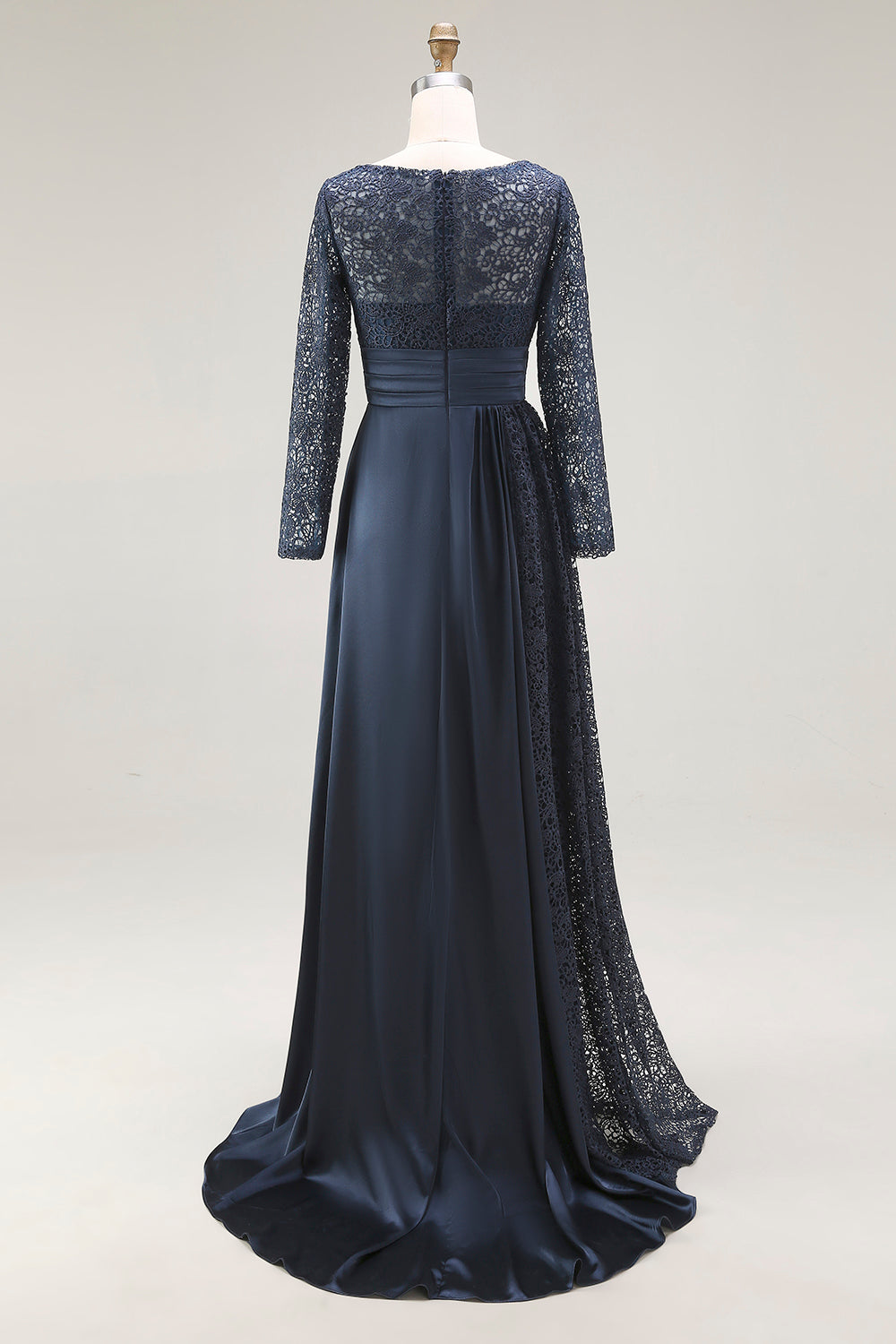 Elegant Navy Scoop A Line Satin Lace Mother of the Bride Dress with Long Sleeves