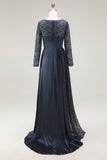 Elegant Navy Scoop A Line Satin Lace Mother of the Bride Dress with Long Sleeves