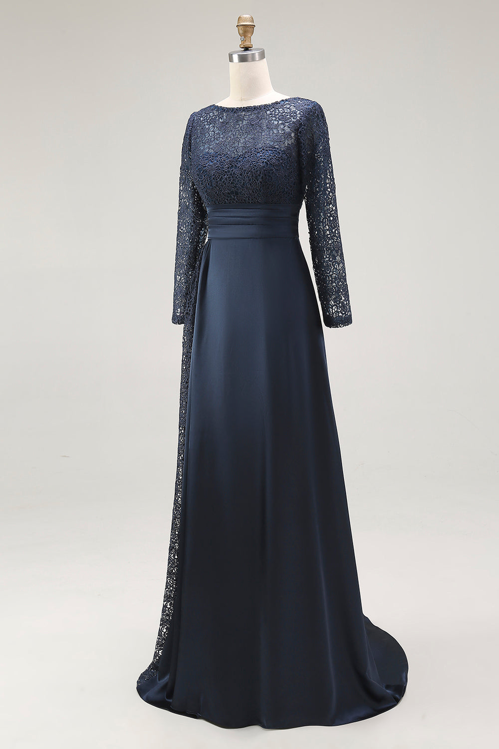 Elegant Navy Scoop A Line Satin Lace Mother of the Bride Dress with Long Sleeves