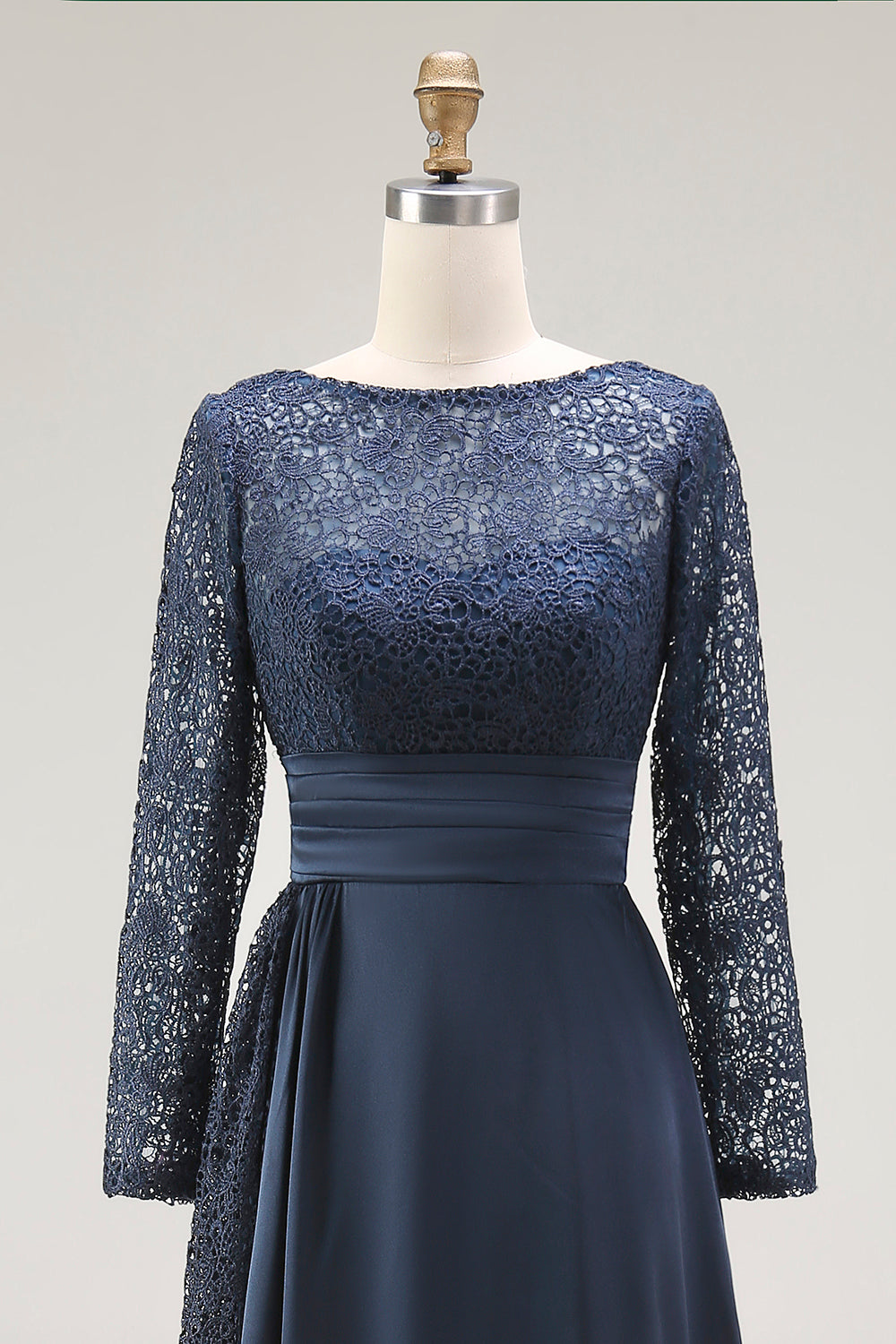 Elegant Navy Scoop A Line Satin Lace Mother of the Bride Dress with Long Sleeves