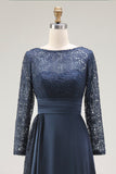 Elegant Navy Scoop A Line Satin Lace Mother of the Bride Dress with Long Sleeves