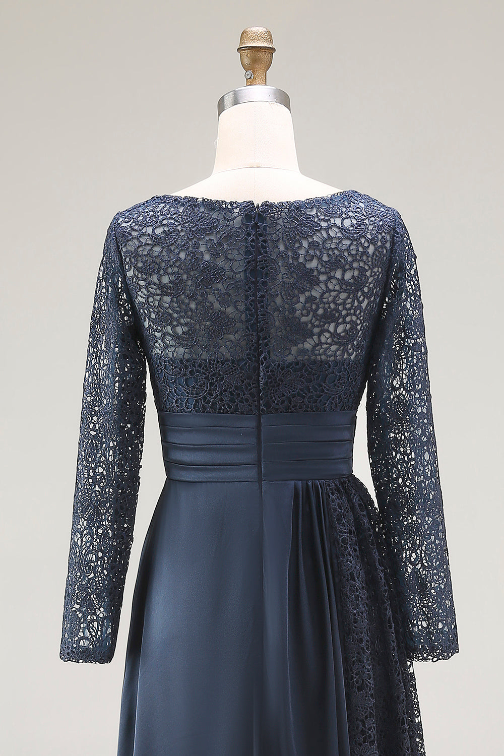 Elegant Navy Scoop A Line Satin Lace Mother of the Bride Dress with Long Sleeves