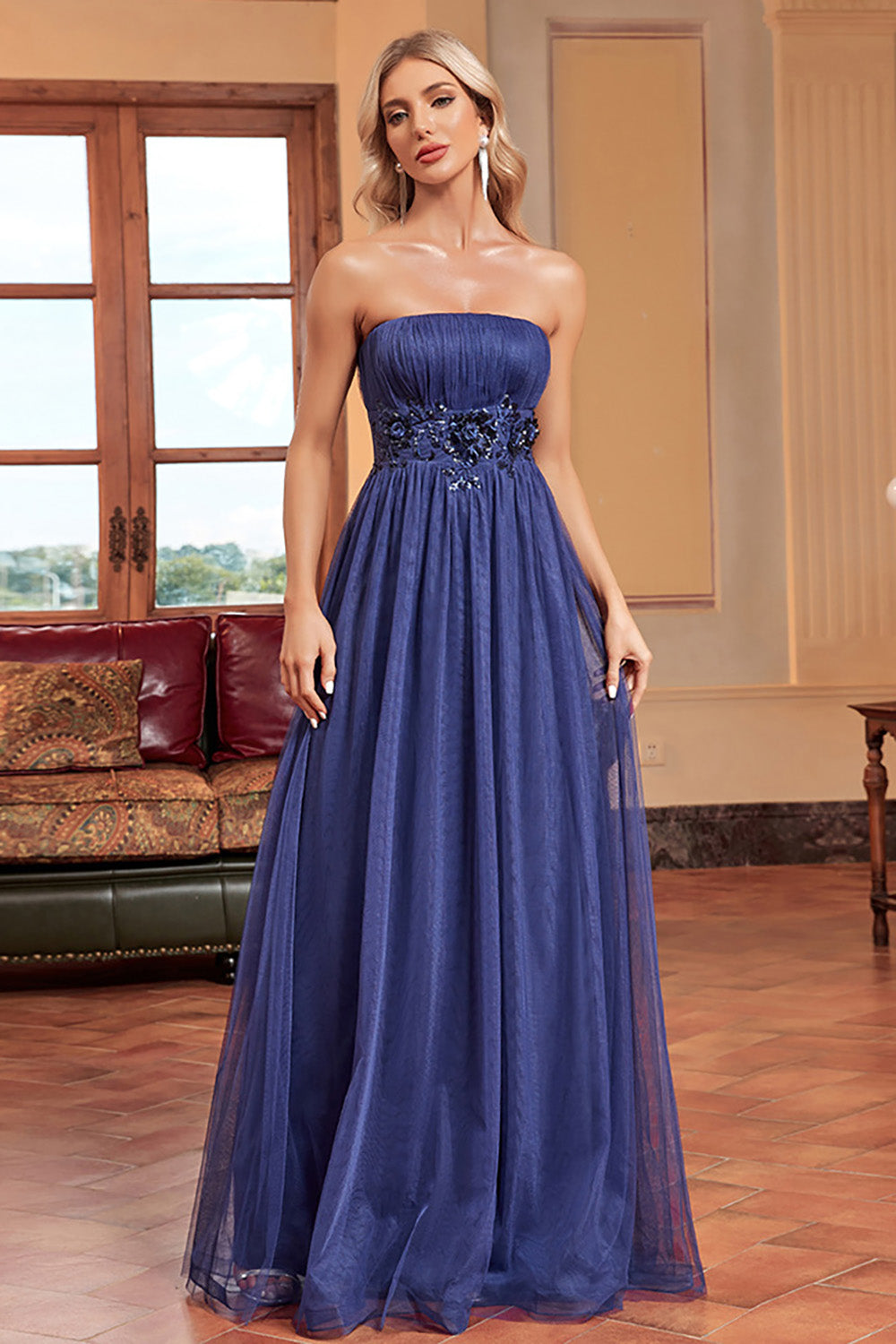 Navy A Line Removable Sleeves Pleated Long Formal Dress