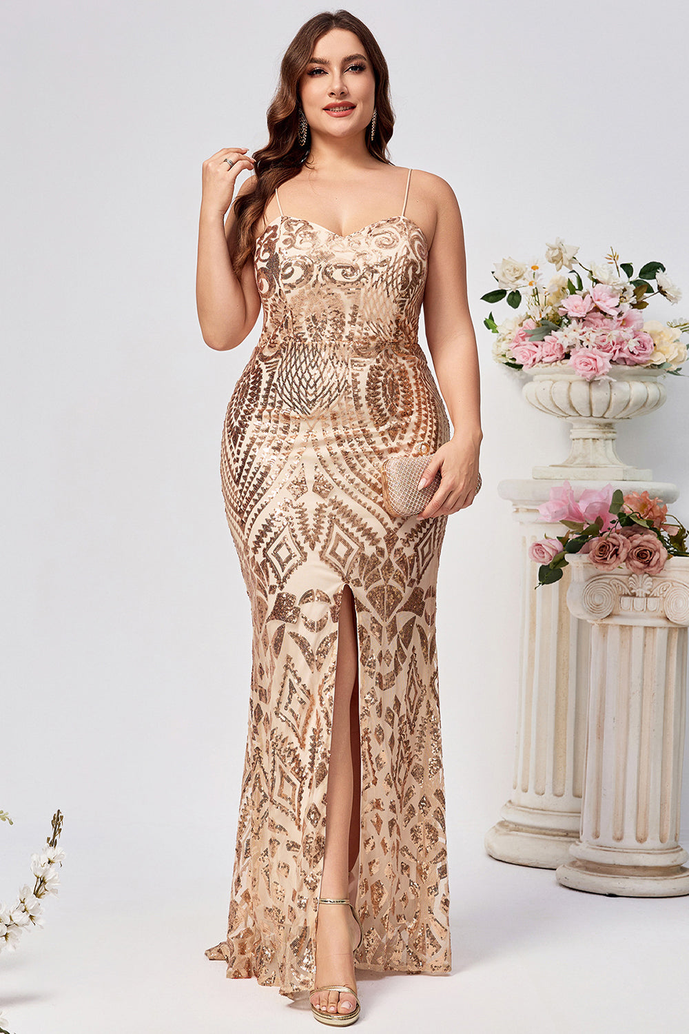 Sparkly Plus Size Golden Mermaid Sequin Embroidered Long Formal Dress with Split