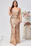 Sparkly Plus Size Golden Mermaid Sequin Embroidered Long Formal Dress with Split