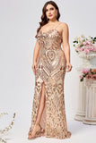 Sparkly Plus Size Golden Mermaid Sequin Embroidered Long Formal Dress with Split