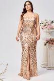 Sparkly Plus Size Golden Mermaid Sequin Embroidered Long Formal Dress with Split