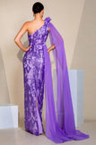 Sparkly Purple One Shoulder Mermaid Sequins Long Formal Dress with Cape