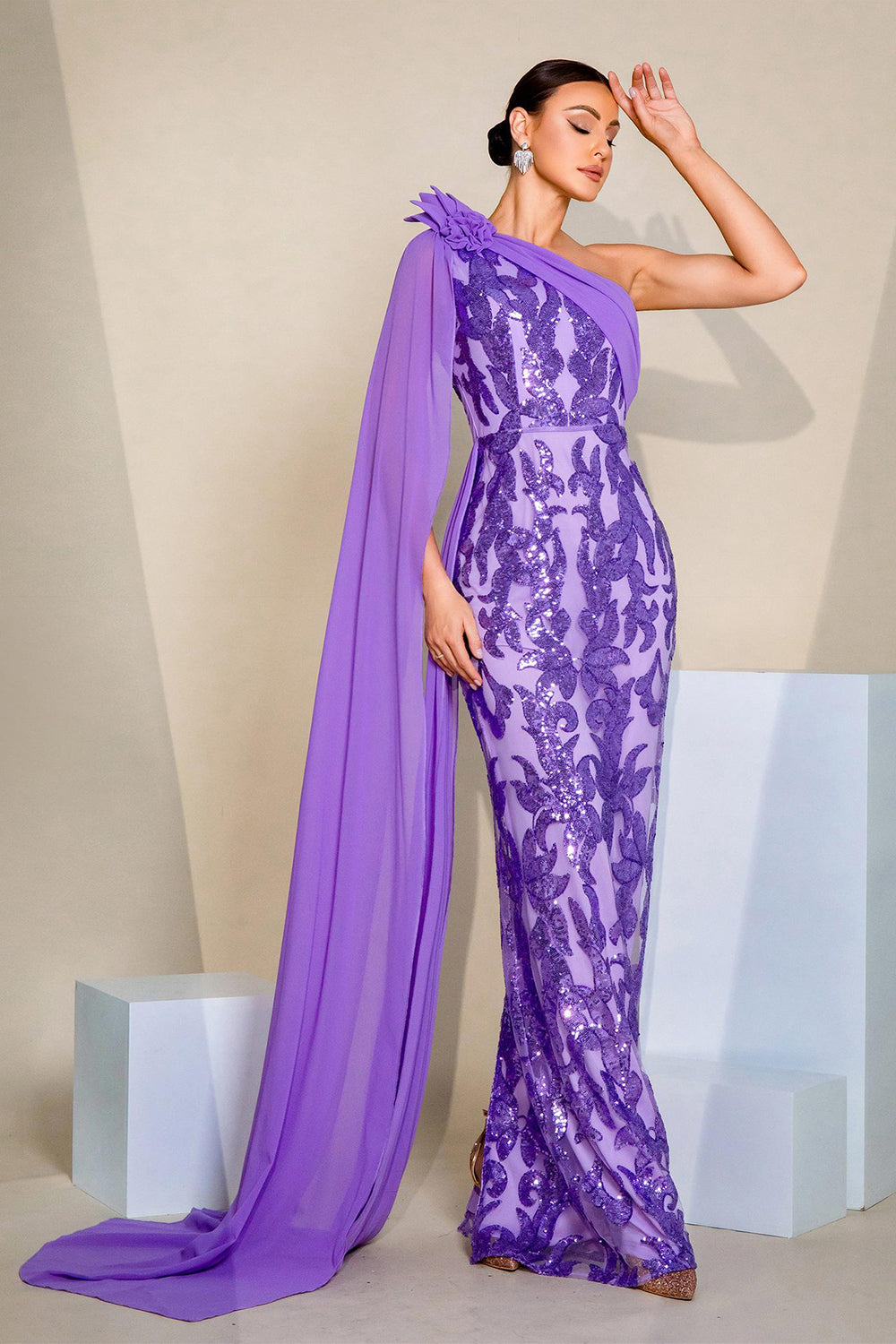 Sparkly Purple One Shoulder Mermaid Sequins Long Formal Dress with Cape