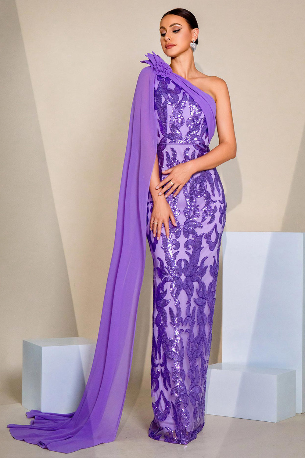 Sparkly Purple One Shoulder Mermaid Sequins Long Formal Dress with Cape