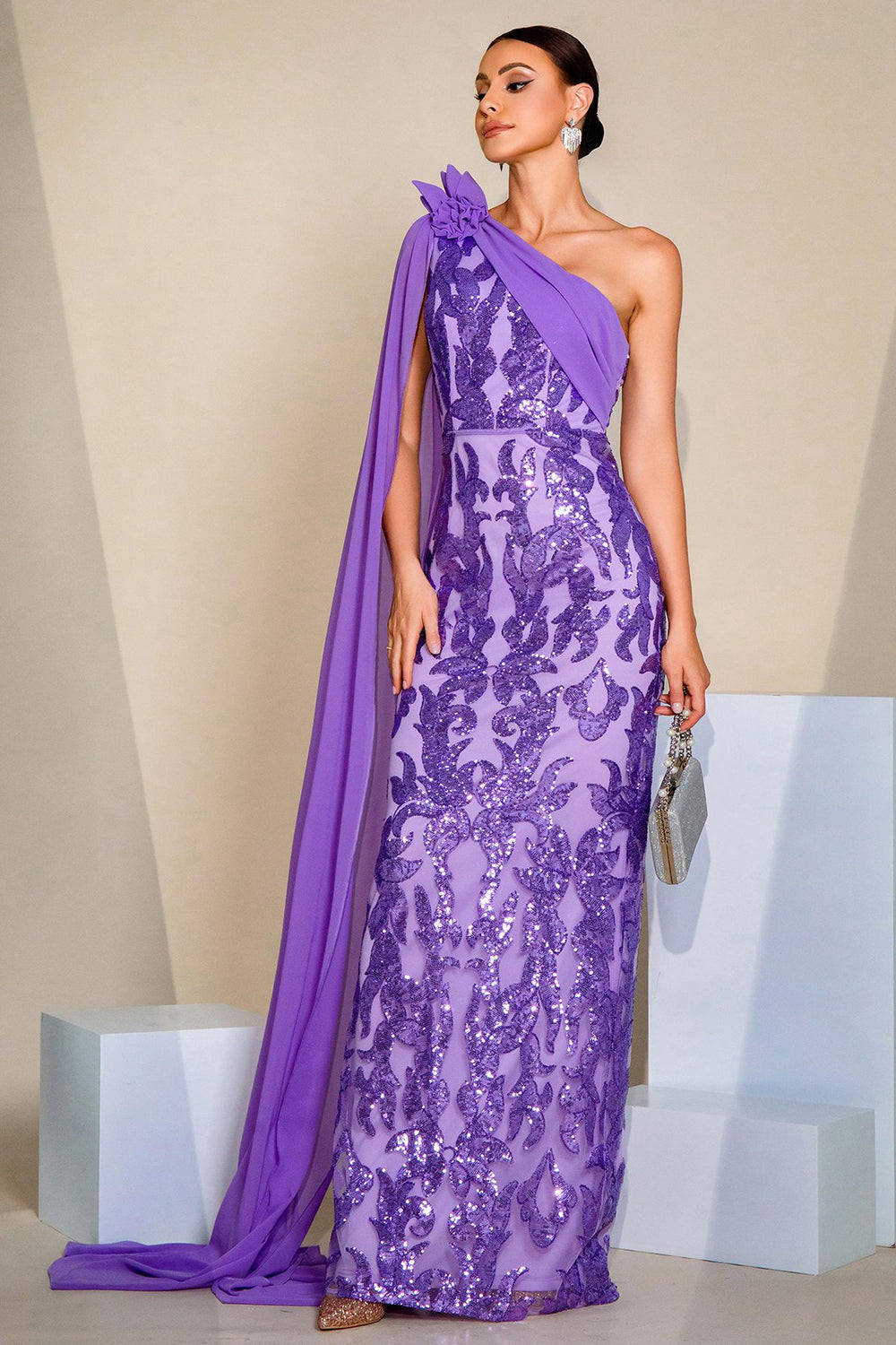 Sparkly Purple One Shoulder Mermaid Sequins Long Formal Dress with Cape