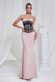 Mermaid Pink Strapless Lace Long Formal Dress