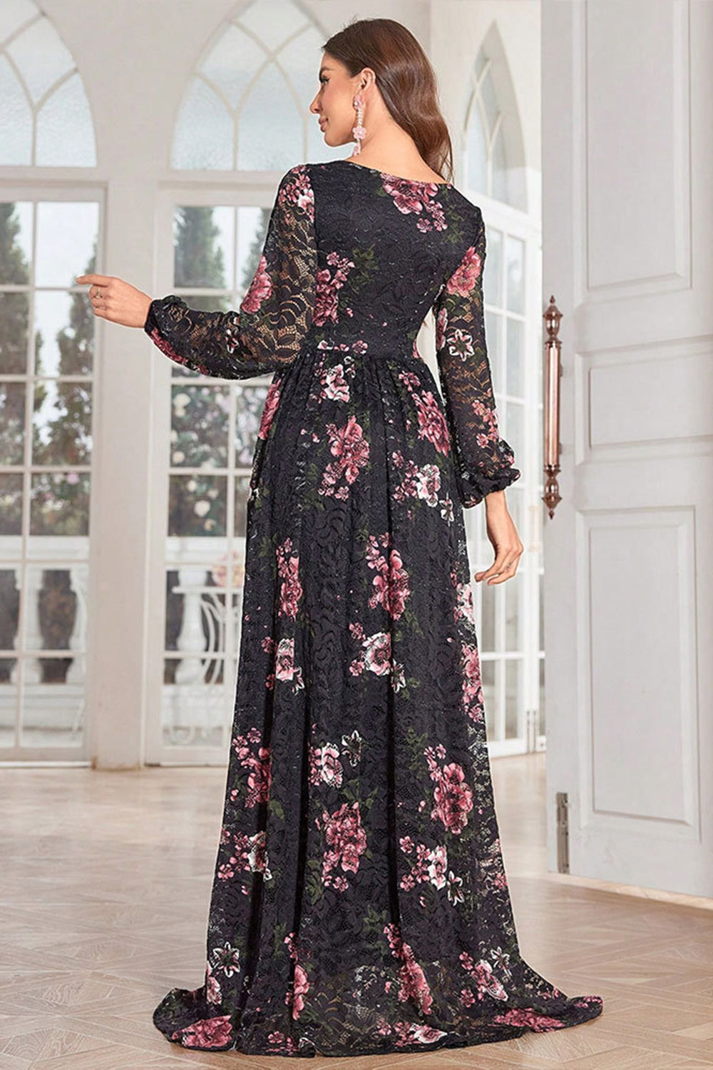 A Line Long Sleeves Floral Print Black Long Formal Dress