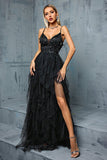 Sparkly Spaghetti Straps Grey Blue Tulle A Line Formal Dress