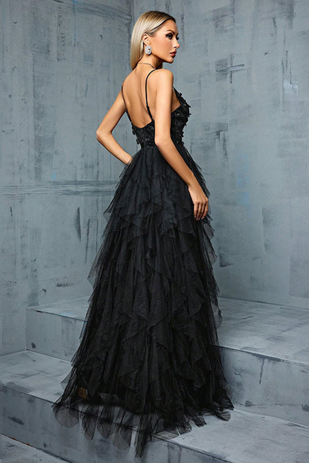 Sparkly Spaghetti Straps Grey Blue Tulle A Line Formal Dress