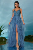 Sparkly Spaghetti Straps Grey Blue Tulle A Line Formal Dress