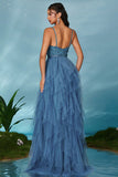 Sparkly Spaghetti Straps Grey Blue Tulle A Line Formal Dress