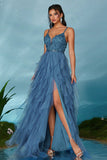 Sparkly Spaghetti Straps Grey Blue Tulle A Line Formal Dress