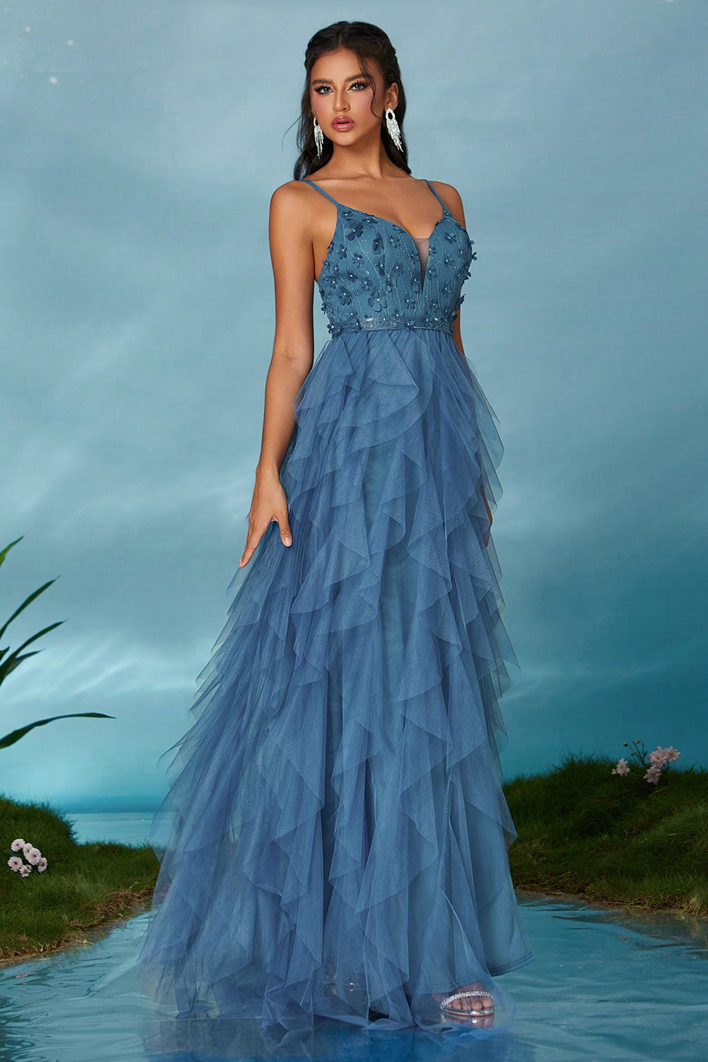 Sparkly Spaghetti Straps Grey Blue Tulle A Line Formal Dress