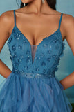 Sparkly Spaghetti Straps Grey Blue Tulle A Line Formal Dress