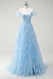 Sparkly Sky Blue Off The Shoulder A-Line Corset Long Formal Dress with Slit