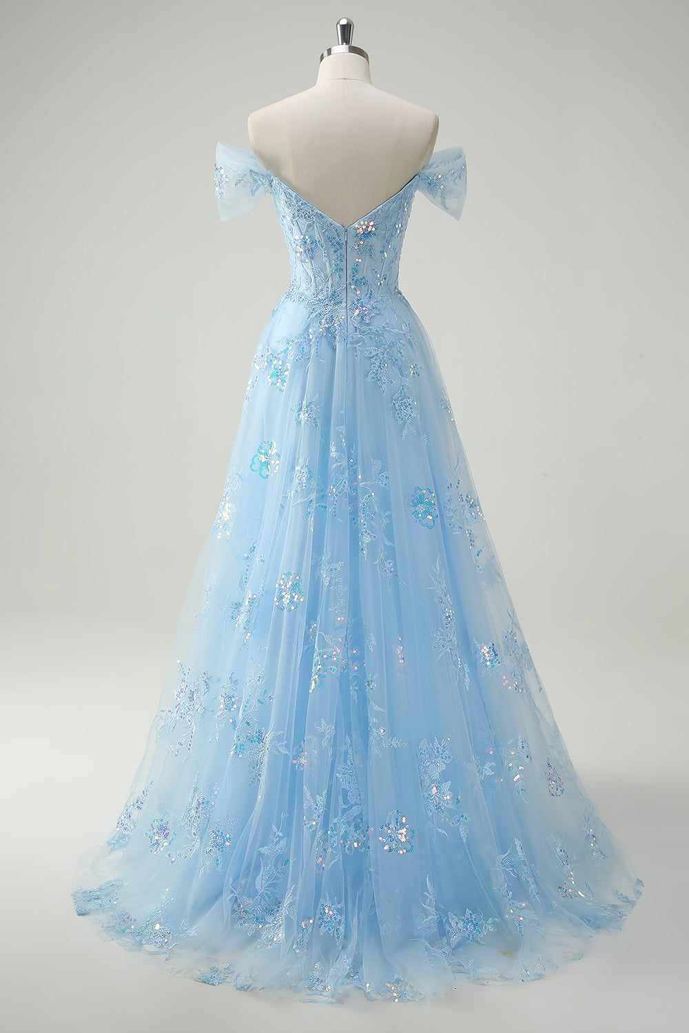 Sparkly Sky Blue Off The Shoulder A-Line Corset Long Formal Dress with Slit