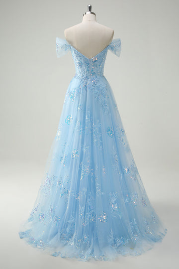 Sparkly Sky Blue Off The Shoulder A-Line Corset Long Formal Dress with Slit