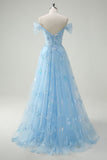 Sparkly Sky Blue Off The Shoulder A-Line Corset Long Formal Dress with Slit