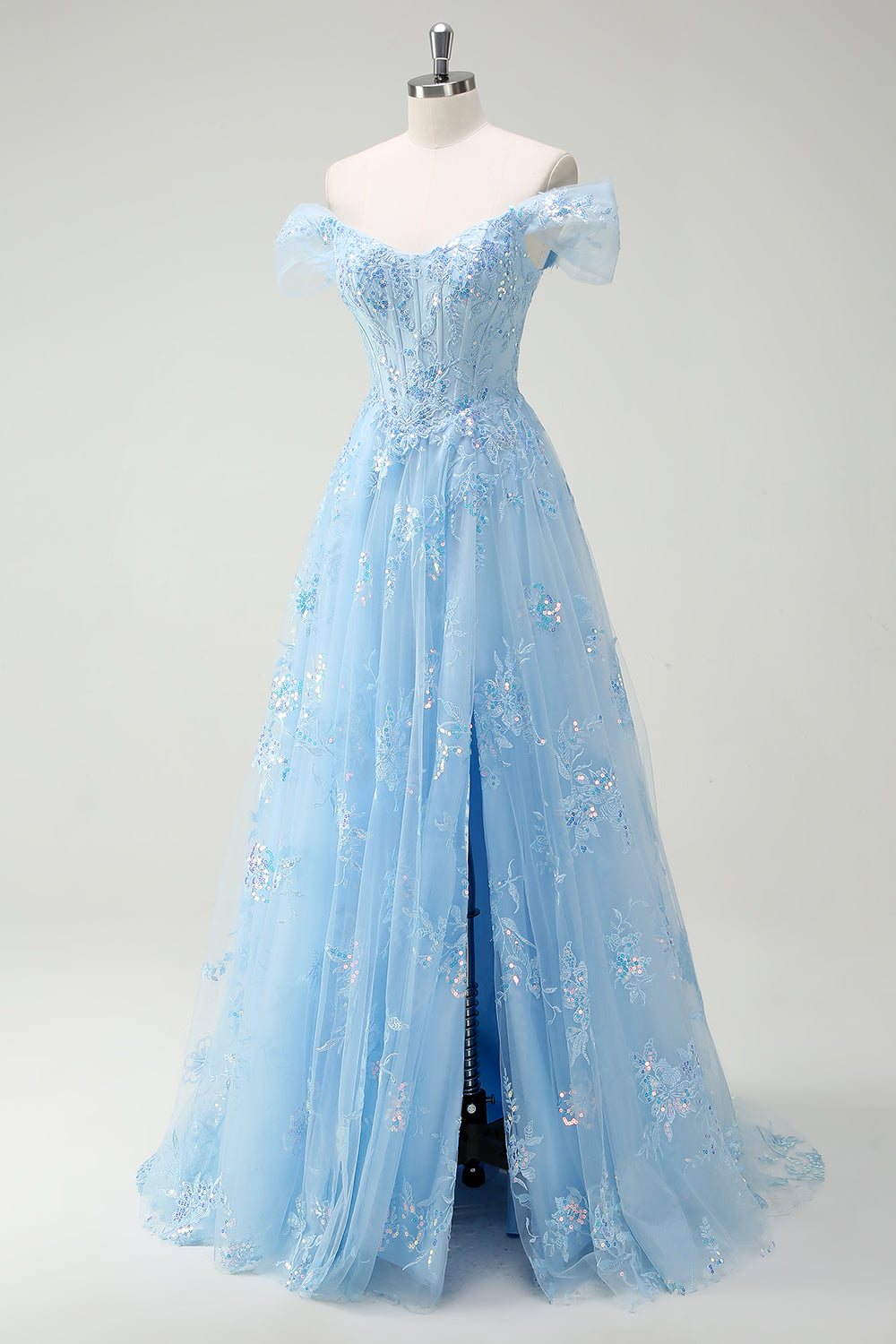 Sparkly Sky Blue Off The Shoulder A-Line Corset Long Formal Dress with Slit